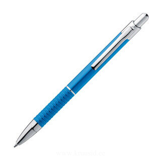 Blue-writing metal ballpen with a furrowed grip zone